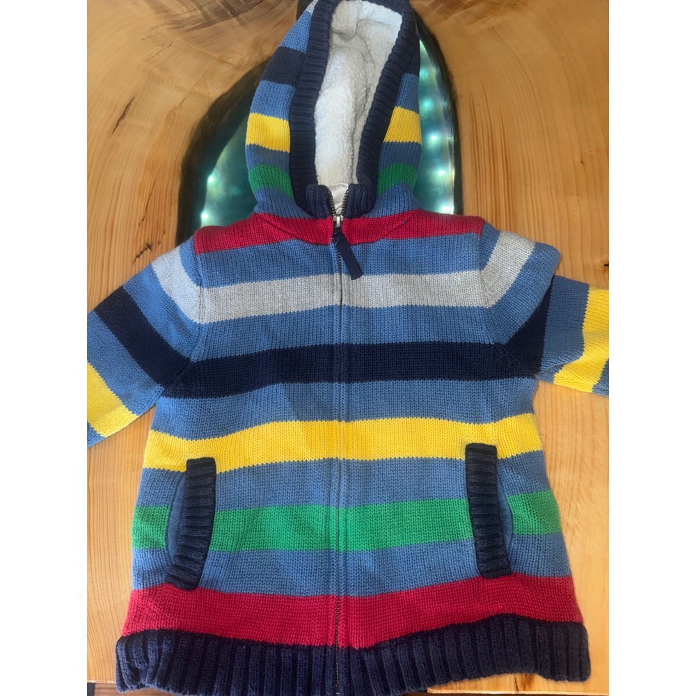 Hanna Andersson Kids Striped Hoodie Sherpa Lined Zip Up Sweater Size 90